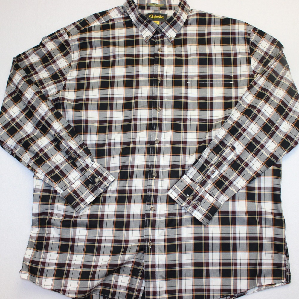 Cabelas Mens 3XLT Plaid Button Down Shirt Wrinkle Free Cotton Black White 905779
